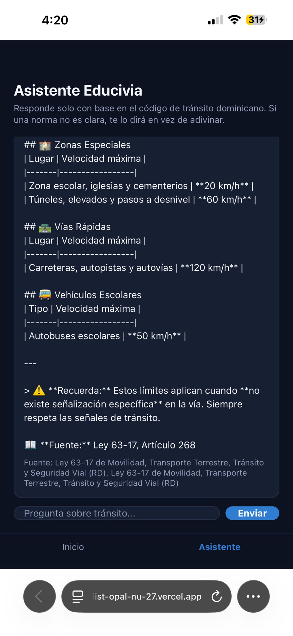 Asistente Educivia mostrando tabla de límites de velocidad por zona según Ley 63-17