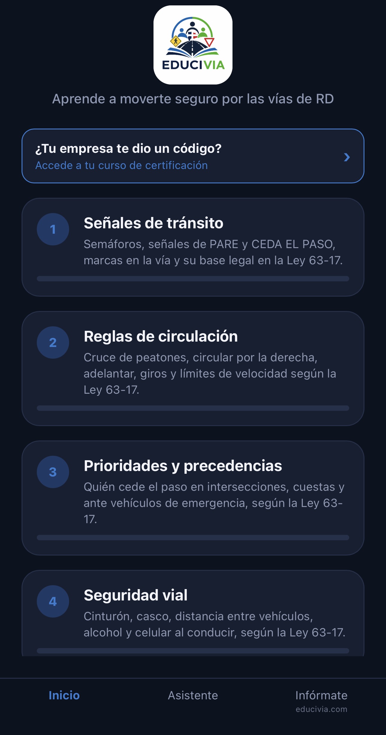 Pantalla principal de la app Educivia con módulos de aprendizaje